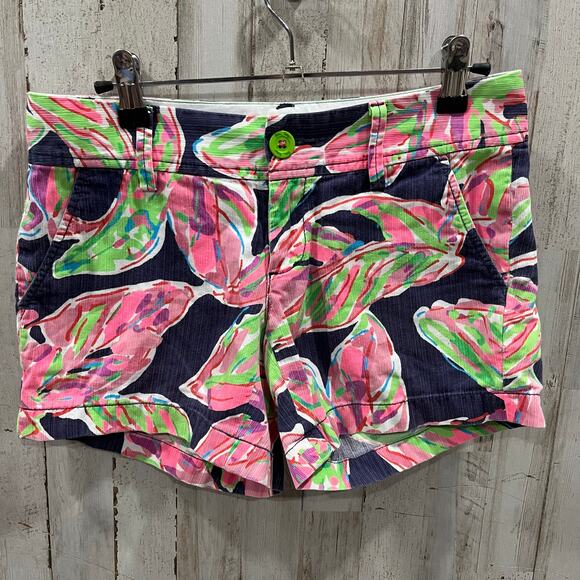 Lilly Pulitzer Women Callahan Shorts In The Vias Navy Pink Leaves Feathers Sz 00 - Picture 1 of 10